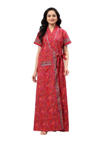 Women Cotton Printed Maxi Nighty | Front Open Night Gown with Pocket | Regular Fit Sleepwear & Housecoat 1005-image-42