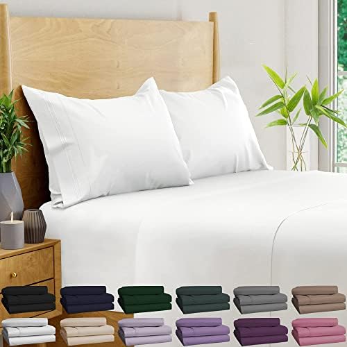 BAMPURE Bamboo Sheets Twin - 100% Organic Bamboo - 4PC Set - Superior Soft & Cooling Sheets - Up to 16’’ Deep Pocket - Luxury Series - 1 Flat Sheet,1 Fitted Sheet,2 Pillowcases (Twin White)