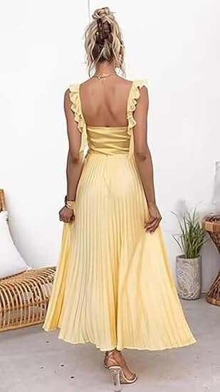 Satin Bridesmaid Dresses Spaghetti Straps Wedding Guest Dresses Flowy Pleated Ruffles Formal Dresses for Women AS0012