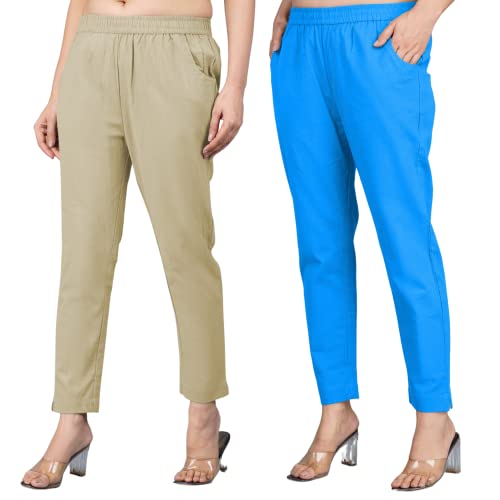Image of Regular Fit Fully Elastic Waist Ankle Length Premium Cotton Casual Trouser Pant (Combo Pack of 2)