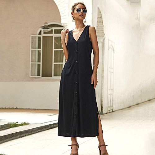 Preisvergleich Produktbild OKHGF Damen Cocktailkleider Einreihiges Maxikleid Damen Sommer Lässig V-Ausschnitt Ärmelloses, seitlich geteiltes, lockeres, langes Kleid Elegantes Damen-Tankkleid -Black_XL