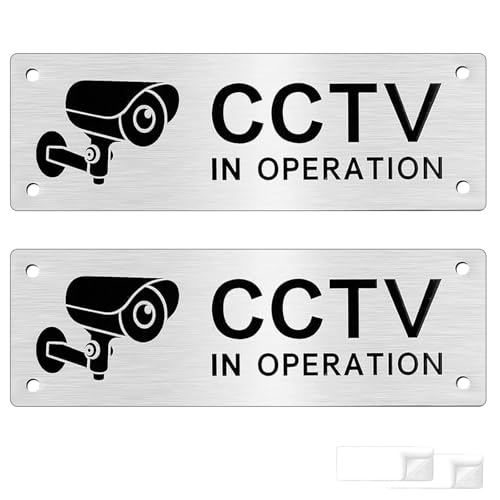 2-Pack CCTV in Operation Sign Stickers, 15x5cm Aluminum CCTV Stickers with Self-Adhesive, Security Camera Warning Signs for Windows with Pre-Drilled Holes, for Home & Business, Outdoor and Indoor Use