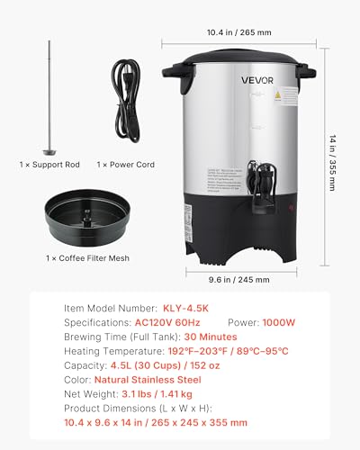 Image of VEVOR Commercial Coffee Urn, 30 Cup 4.5 L Hot Beverage Dispenser with Dripless Faucet, Quick-Brewing Commercial Coffee Maker with Stainless Steel Liner, for Catering, Business, Church & Restaurant