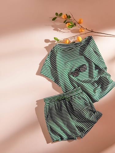 Image of Tankaneo Womens Pajama Sets Striped 2 Piece Lounge Sets Short Sleeve Oversized T Shirts Drawstring Shorts Matching Set