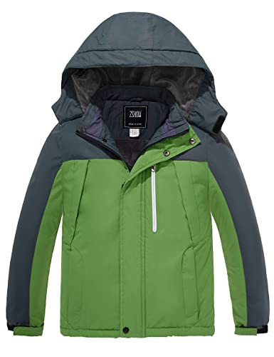 Zshow Boys' Rain Jacket Waterproof Thick Ski Coat Fleece Lined Winter Parka (Grey+Green,10-12) #TOP8
