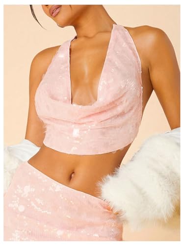 MakeMeChic Women's Sequin Sparkly Halter Tops Open Back Draped Front Party Club Festival Rave Top2