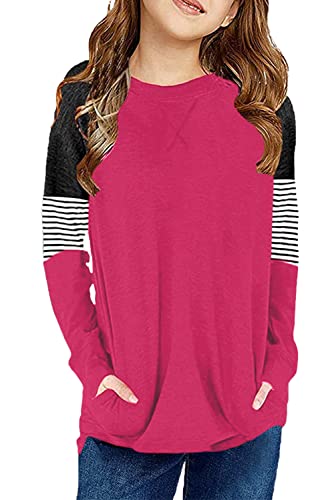 Image of SELINK Girls Big Kids Long Sleeve Striped Color Block Pocket Tees | Casual Loose Fit With Side Pockets,Soft Stretch Polyester Blend For Big Girls Daily&Back To School Wear