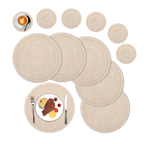 SHACOS Set of 6 Round Placemats, 38 cm Washable Cotton Placemat and 6 Pcs Coasters 10 cm, Decorative Heat Resistant Placemat for Kitchen Dining Table