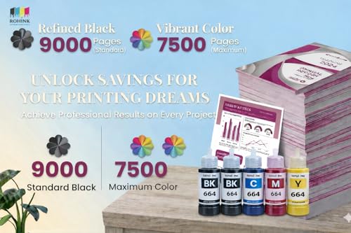Image of ROHINK T664 Compatible Refill Ink for Epson L130, L360, L380, L361, L565, L210, L220, L310, L350, L355, L365, L385, L550, L555, L605, L1300 Printer (70ML*2 Black + 70ML*3 C,Y,M)