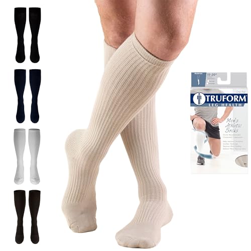 Image of Truform Compression Socks, 15-20 mmHg, Men's Gym Socks, Knee High Over Calf Length, Tan, Large