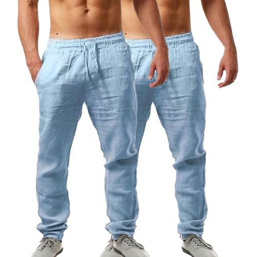 Men's Cotton Linen Pants 1/2PC Elastic Waist Drawstring Bound Foot Trousers Casual Loose Fit Breathable Summer Pants