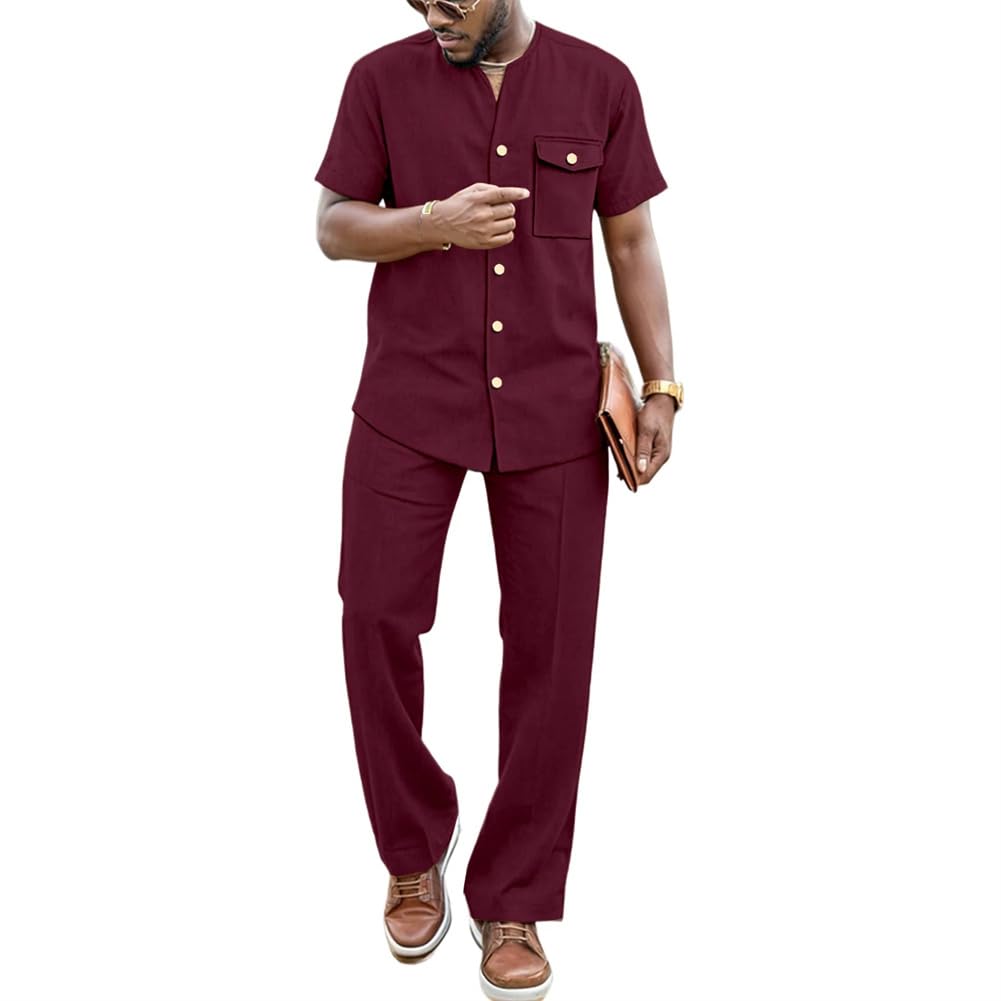 Vsadsau African Suit For Men Short Sleeve Shirt And Pants 2 Piece Sets Casual Dashiki Traditional Attire