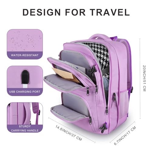 Image of Large Travel Backpack, Laptop Backpack for women, Expandable 52L Carry On Backpack, TSA Water Resistant Weekender 18.4 Inch Laptop Backpack, Anti Theft Business Computer Bag with Port, Purple