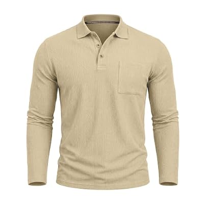 LBOVBE Men Textured Polo Shirt Long Sleeve Button Front Slim Fit Soft Pullover Fall Winter Casual Fashion Business Shirts Beige