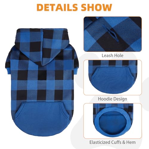 KOOLTAIL Plaid Dog Hoodie Pet Clothes Sweater with Hat and Pocket for Small Medium Large Size Dogs, Soft Winter Warm Dog Cold Weather Coat, Fleece Fall Dog Hooded Sweatshirt for Puppy Cats, Blue S - Thumbnail 3