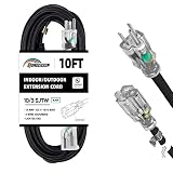 HONDERSON 10FT Lighted Outdoor Extension Cord - 10/3 SJTW Heavy Duty Black Extension Cable with 3 Pr
