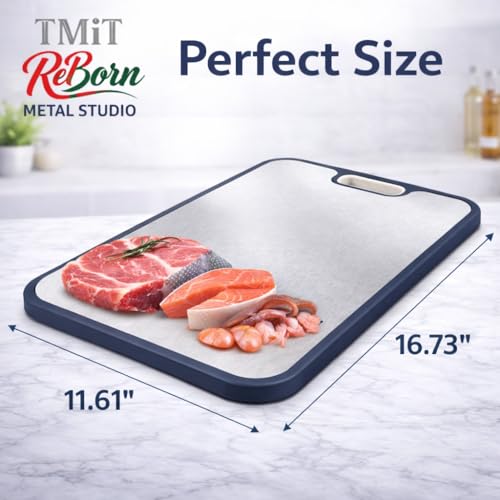 Tabla de Cortar de Acero Inoxidable 16 x 11 Pulgadas, Doble Cara con Base de Paja de Trigo para Verduras y Frutas miniatura 2