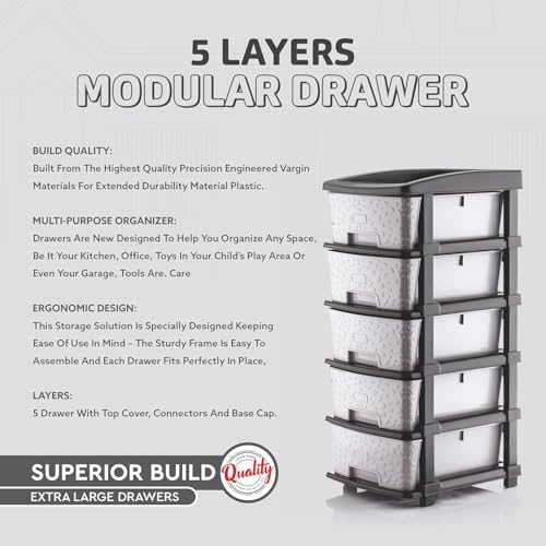 Image of 5XL Plastic Modular Drawer Storage Chest Of Drawers Organizer, Large Stomo Racks For Multipurpose Use Likes Home,Office,School (Grey, 5 LAYER) (30cmx38cmx78 cm)