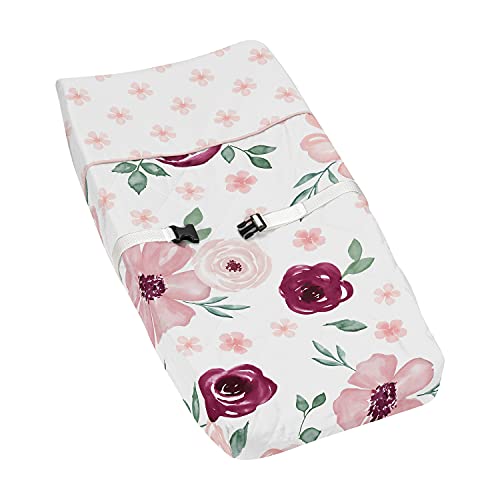 Image of Sweet Jojo Designs Burgundy Watercolor Floral Girl Baby Nursery Changing Pad Cover - Blush Pink, Maroon, Wine, Rose, Green and White Shabby Chic Flower Farmhouse