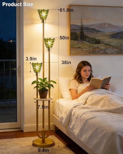 Image of Lightdot Green Glass Floor Lamp with Shelf, 63IN Mid Century Modern Gold Standing Lamps with 3 3000K Soft Warm White Bulbs Included, Floor Lamp with 5Lbs Heavy Base for Living Room /Wedding /Office