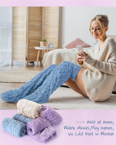 Image of Geyoga 3 Pairs Over Knee Fuzzy Socks High Fuzzy Leg Warmers Over Knee Plush Slipper Socks for Women Christmas Sleeping