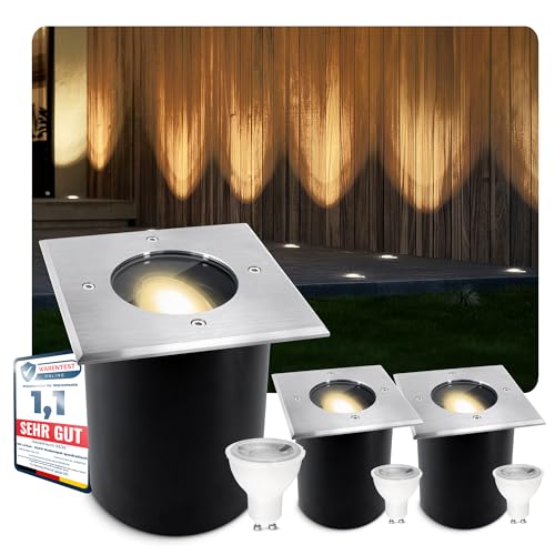 SSC-LUXon 3 Stück JUAVI Bodeneinbaustrahler schwenkbar IP67 - LED GU10 3W warmweiß 230 V - Bodenspot quadratisch befahrbar