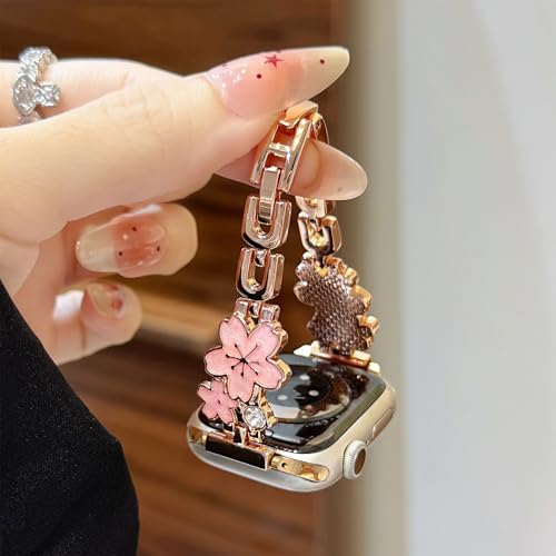 Bracelet en métal à fleurs et coque iWatch Series 10/11 46 mm rose