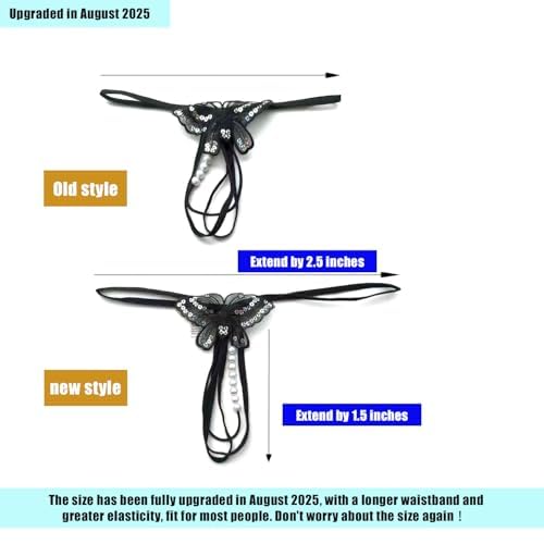 Sekexi Fashion Women Sexy Underwear Cutout Pendant Pearl Beads Embellished Lace Butterfly G-String Thong Underpants: One Size Black