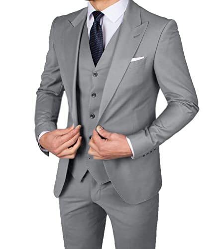 Men's 3 Pieces Slim Fit Suits, Wedding Prom Tuxedos Groom Suit, Peak Lapel Blazer Pants Vest for Men Formal Business Suits3