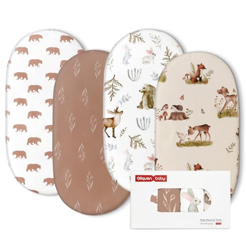 Image of Gllquen Baby Bassinet Sheets 4 Pack, Breathable Cozy Fitted Mattress Sheet, Elastic Travel Crib Fashionable Floral Pattern, Standard Cradle Safe Sheets for Baby Boys Girls 32"x16" (Bear)