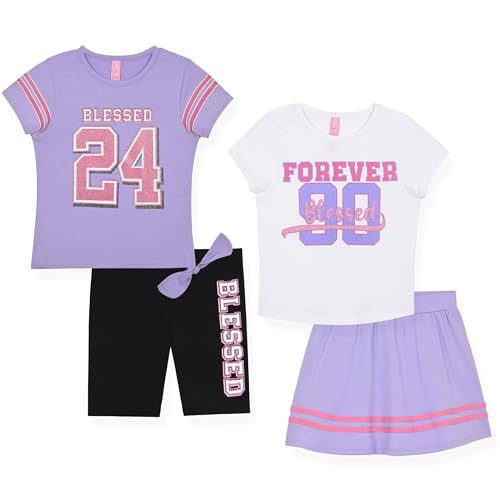Dreamstar Girls 4 Piece Outfit Set Short Sleeve Blouse Tops Scooter Skirt Shorts Mix and Match Summer Clothing Set