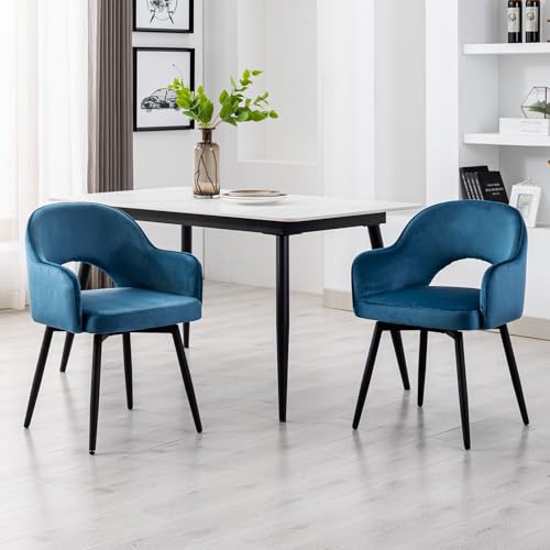 Ya-Home Lot de 2 Chaise de Salle à Manger en Velours Chaise de Cuisine Pivotante avec Accoudoirs Chaise à Manger pour Cuisine/Salle de Séjour, Bleu