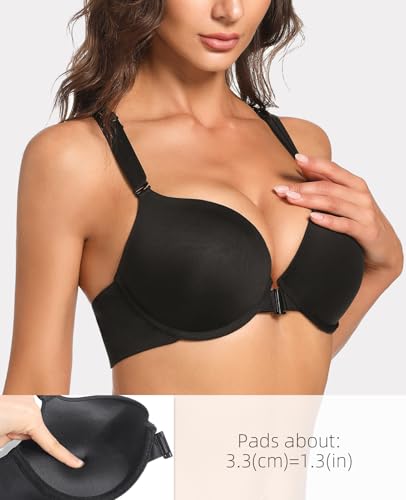 Women's Push Up Racerback Bra Front Closure Thick Padded Seamless Criss-Cross Back Underwire Bra Add Two Cup4