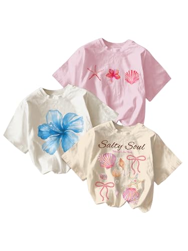 RoseSeek Girls Bow Cherry Graphic Tees Short Sleeve Crewneck Cute T Shirts Tops for Teens Summer Tops Beige White Pink 12Y