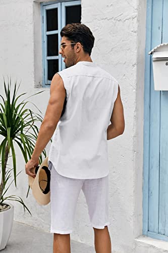 Bbalizko Mens Sleeveless Button Down Shirts Linen Cotton Summer Beach Basic Tank T-Shirt Tops4