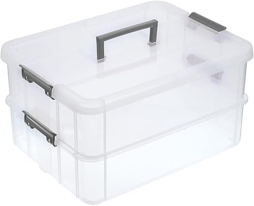 BTSKY Caja de almacenamiento portátil multiusos de 2 capas, caja de almacenamiento portátil de plástico para organizar artículos de papelería,