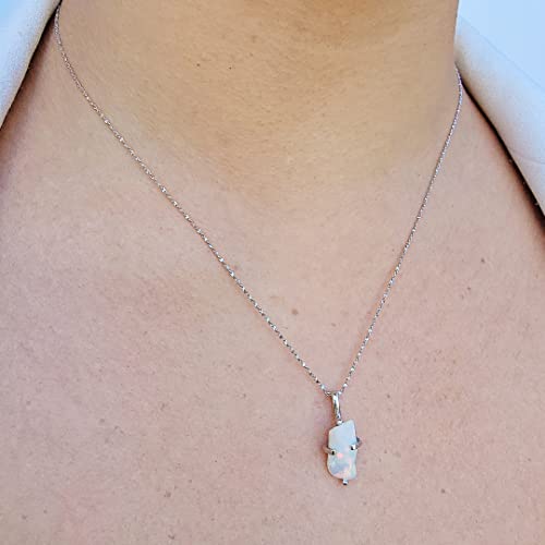 Natural Raw Opal Pendant Chain Necklace With White Gold Over 925 Solid Sterling Silver, October Birthstone Dainty Solitaire Gift For Her, Uniquelan Jewelry (Fire-Opal) #TOP1