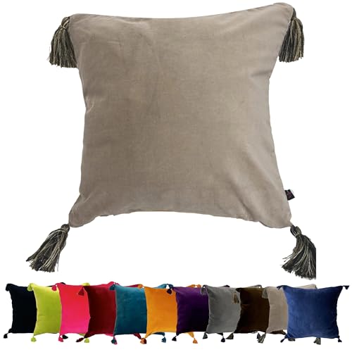Ragged Rose Velvet Cushion Covers - Sasha Square Tassel Cushion Covers 45cm x 45 cm - Soft, Elegant, Luxury Cotton Velvet Fabric Pillow Cases for Lounge Area & Bedroom, Mink Taupe