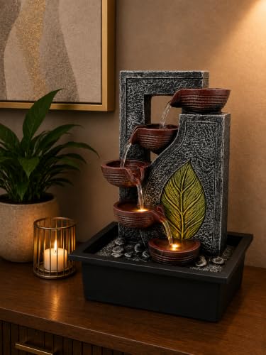 Image of CHRONIKLE Indoor Tabletop Water Fountain with Warm LED Light & Controller Pump | Green Leaf Designer 4 Diya Step Cascade Polyresin Waterfall Fountain for Home, Meditation| Silver Brown | 40x29.5x22 CM