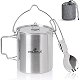 BILIPLE Camping Topf 750ml Camping Tasse mit Deckel Göffel Outdoor Becher mit faltbarem Griff Tragbar Camping Geschirr Set für Camping Wandern Trekking