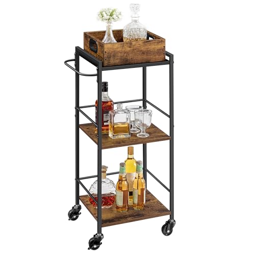 VASAGLE Kitchen Serving Cart with Removable Tray, 3-Tier Kitchen Utility Cart on Wheels with Storage, with Brakes, Levelling Feet, 30 x 34.7 x 86 cm, Rustic Brown and Black LRC062B01