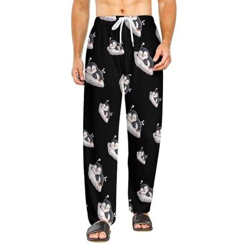 Cute Penguin Sleeping Pajama Pants with Pockets Print Loungewear Bottoms Soft Sleep Pants for Men Women