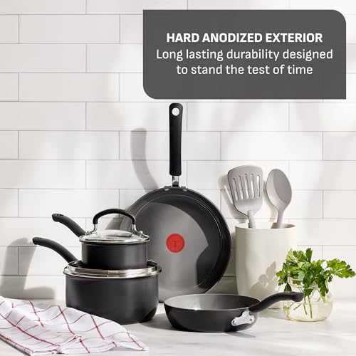 Image of T-Fal Ultimate Hard Anodized Ceramic Nonstick 8 Piece Cookware Set, Oven Safe Up to 400F, Dishwasher Safe, Pots and Pans Set, Includes Frying Pans, Saucepan, Cooking Utensils, Stone