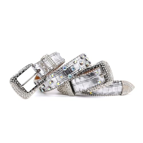 Ceinture en polyuréthane bleu crocodile 102C avec détails perles - 7