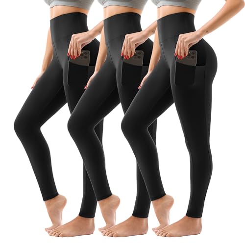 SINOPHANT 3 Pack Leggings for Women - High Waisted Buttery Soft Yoga Pants for Workout Athletic Sports Black/Black/Black Pockets XXL