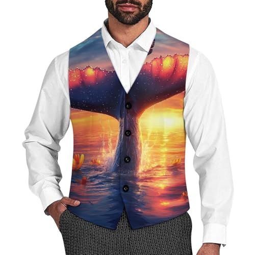 Whale Tail Butterfly Sunset Suit Vest for Men Slim Fit Sleeveless Jacket V Neck Business Waistcoat Button Up Dressy Top