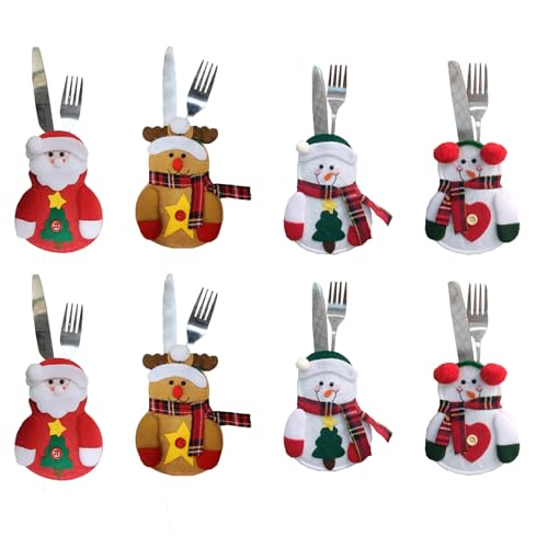Spldsun 8 Pezzi Portaposate Natalizie, Natale Porta Posate Porta Argenteria Coltelli Tasche, con Babbo Natale, Alce, Motivo Pupazzo di Neve, per Decorazioni Natalizie con Coltello Forchetta