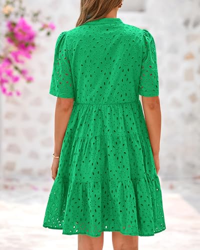 Image of BTFBM Womens Boho Summer Dresses 2026 Spring V Neck Short Sleeve Hollow Out Lace Ruffle Casual Beach Mini Vacation Dress
