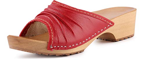 Ladeheid Damen Holzschuhe Leder Clogs Holz Sohle Holzclogs LAFA041 (Rot, 41...