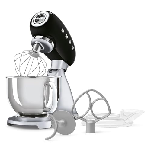 Image of SMEG SMF04 5-Qt Classico Stand Mixer with Smooth Start & SteadyMix, 600W Motor, 10 Speeds, Stainless Steel Bowl & Pour Shield - Retro 50's Style Planetary Mixer for Dough, Baking & Desserts-Black